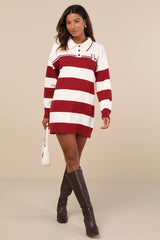 Stellar Cutie Ivory and Red Striped Collared Sweater Mini Dress