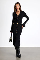 Dayena Red Ribbed Button-Front Sweater Midi Dress