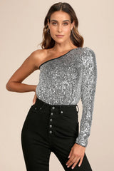 Dancing Diva Black and Silver Sequin One-Shoulder Bodysuit
