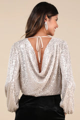 Evening of Wonder Grey Sequin Long Sleeve Bodysuit
