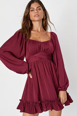 Vision of Charm Plum Purple Satin Long Sleeve Skater Mini Dress