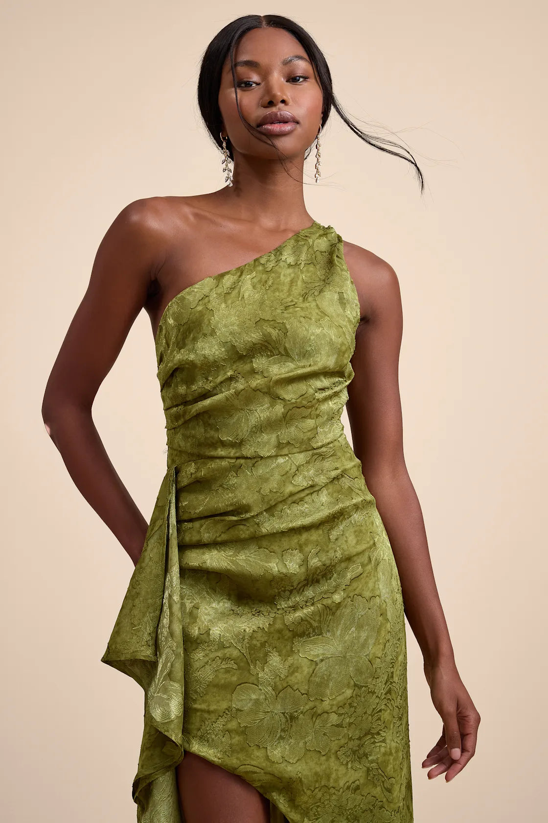 Vasia Olive Green Jacquard One-Shoulder Midi Dress