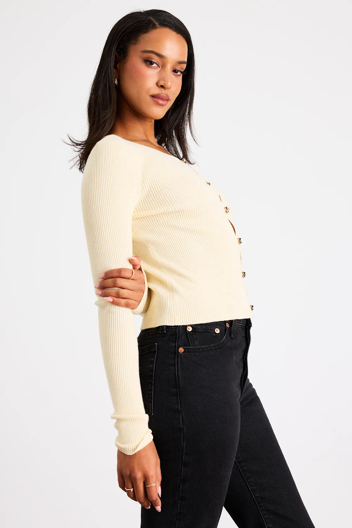 Scalia Black Ribbed Knit Button-Front Long Sleeve Top