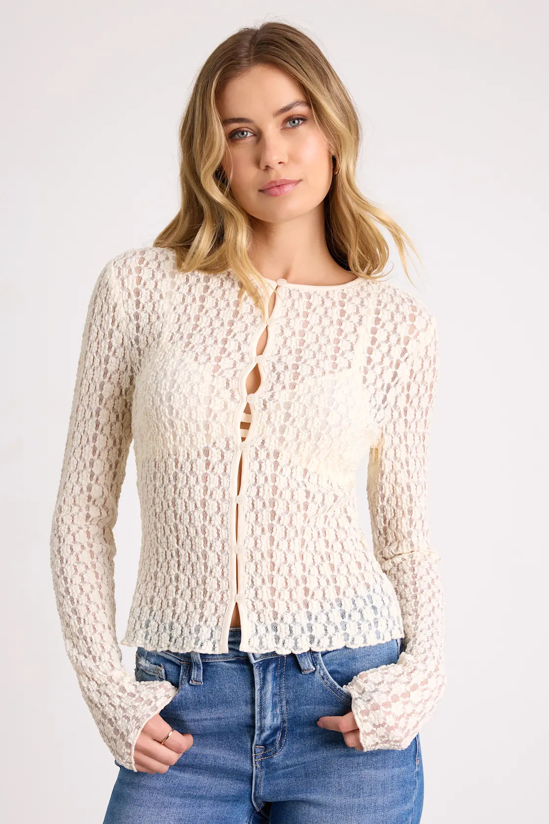 Collie Ivory Sheer Lace Button-Front Cardigan