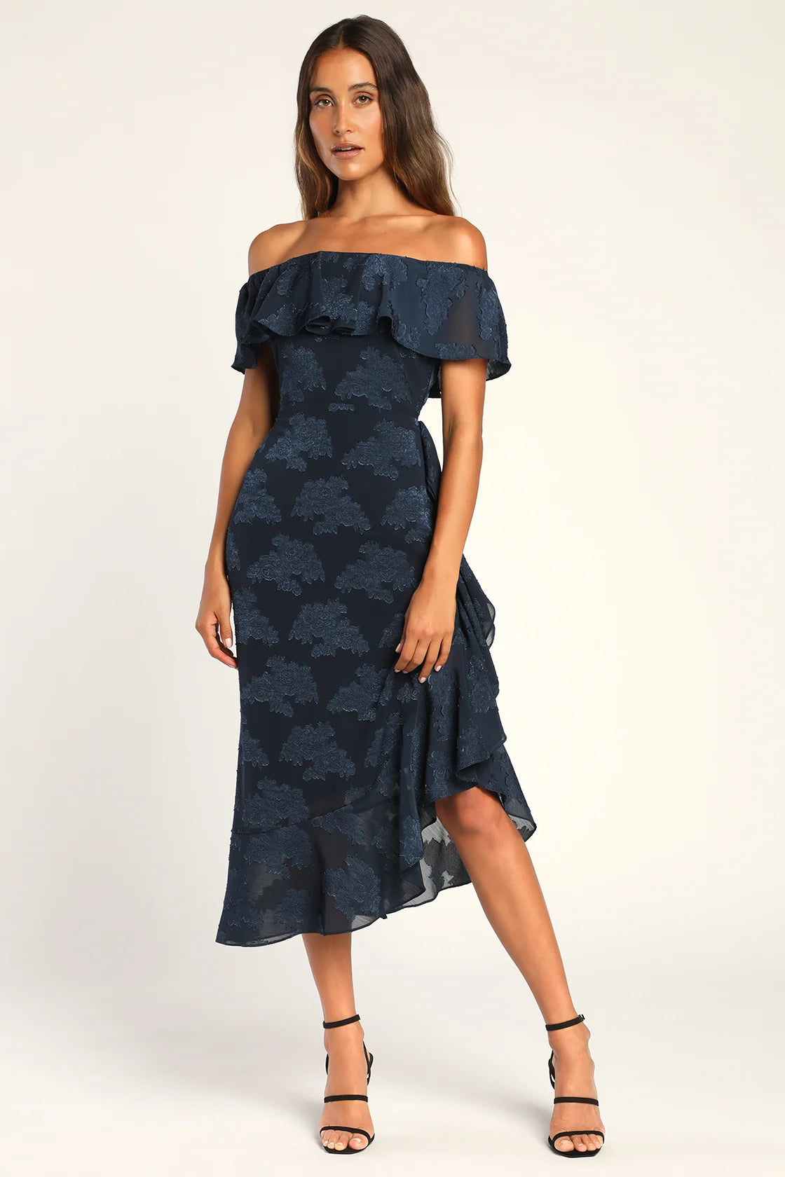 Pretty Perfect Navy Floral Burnout Off-The-Shoulder Midi Dress