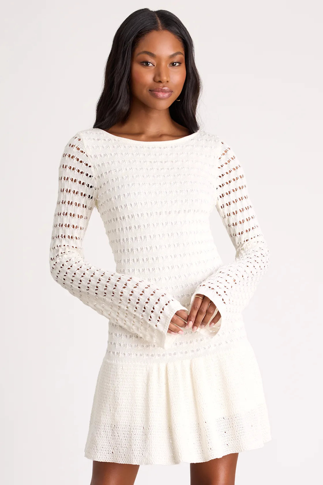 Sylvie Ivory Loose Knit Drop Waist Sweater Mini Dress