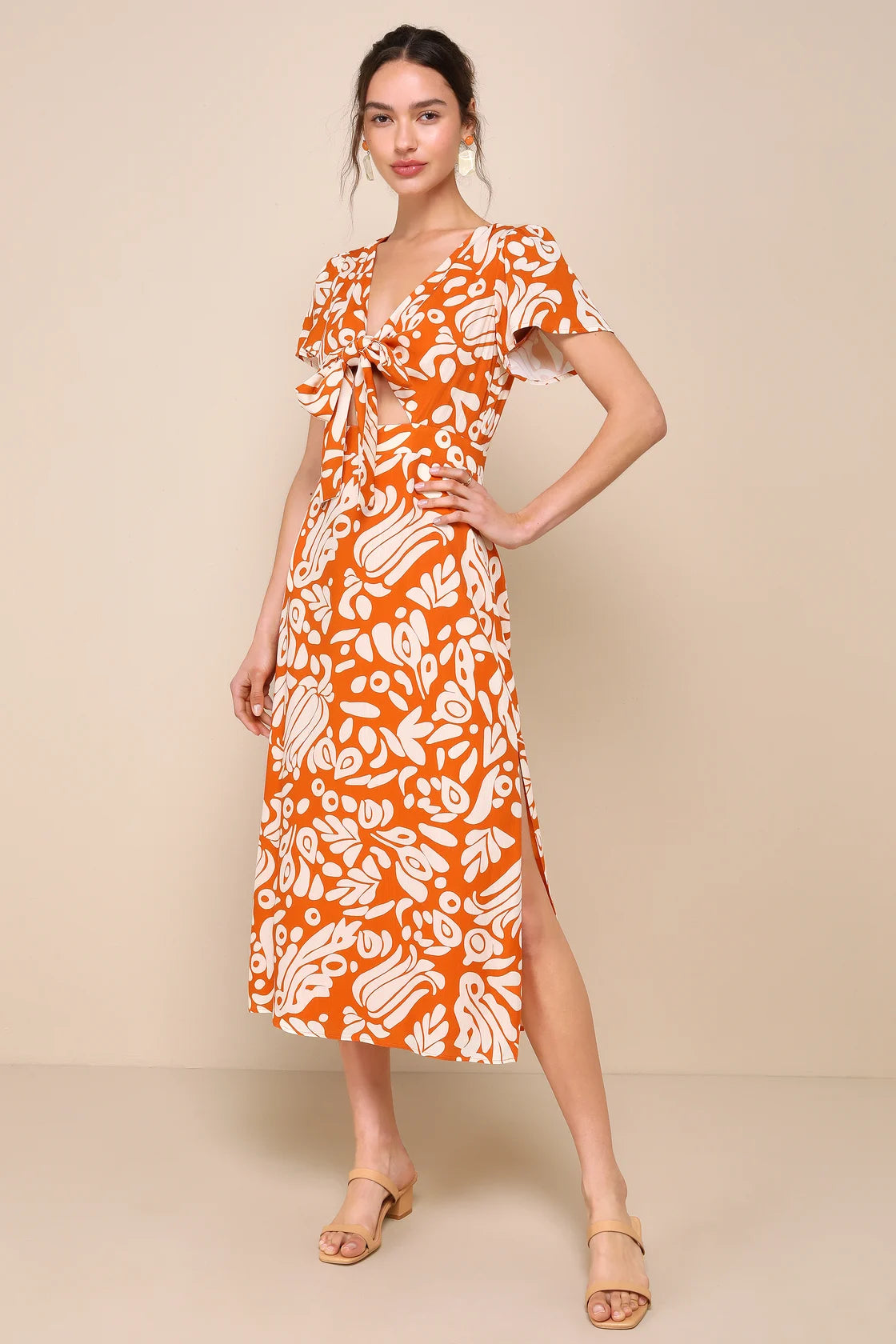 Energetic Charm Rust Orange Abstract Tie-Front Midi Dress