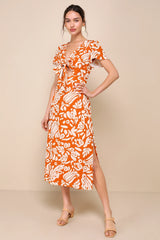 Energetic Charm Rust Orange Abstract Tie-Front Midi Dress