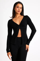 Myron Sage Ribbed Knit Twist-Front Long Sleeve Top