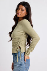 Ambrose Light Green Burnout Ruched Long Sleeve Top