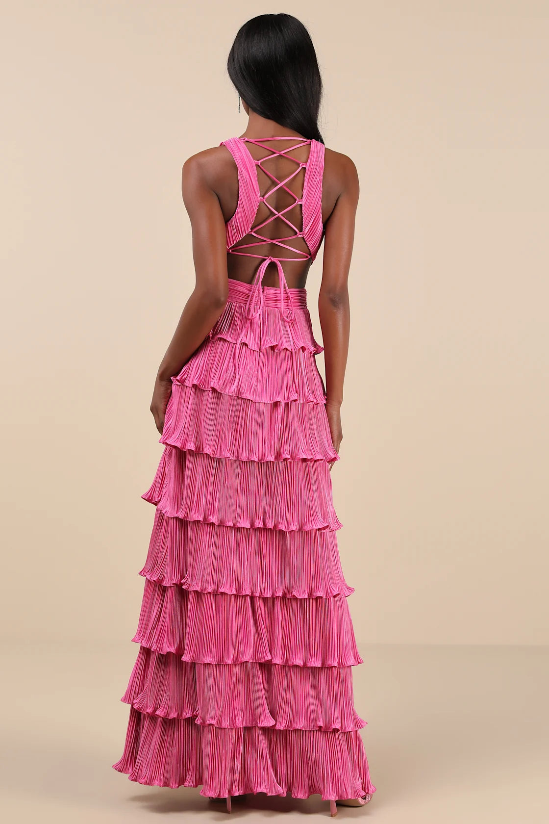 Beauty Icon Gold Satin Pleated Tiered Lace-Up Maxi Dress