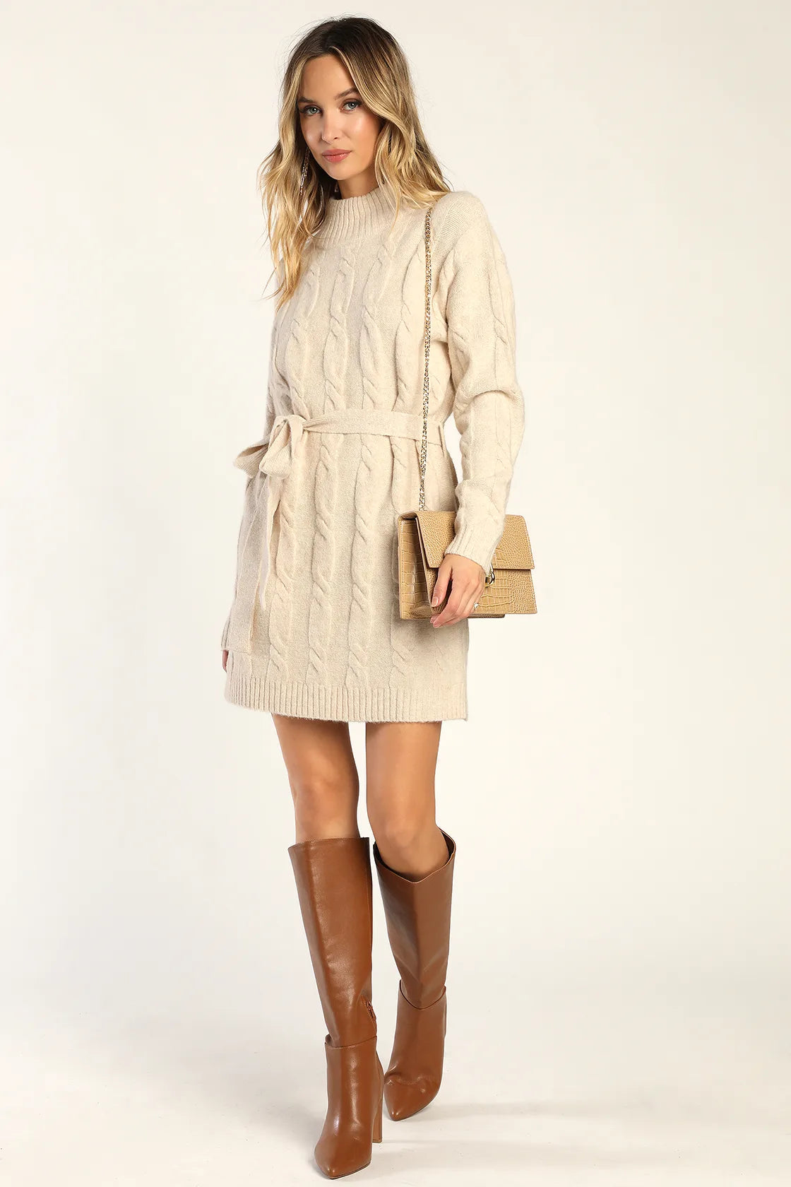 Warmed Up To You Cream Cable Knit Mock Neck Sweater Dress