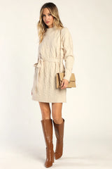 Warmed Up To You Cream Cable Knit Mock Neck Sweater Dress