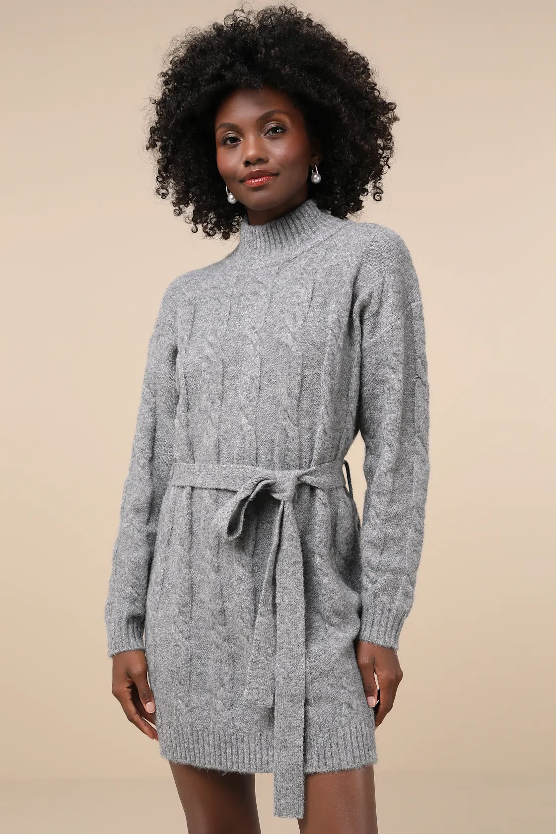 Warmed Up To You Cream Cable Knit Mock Neck Sweater Dress