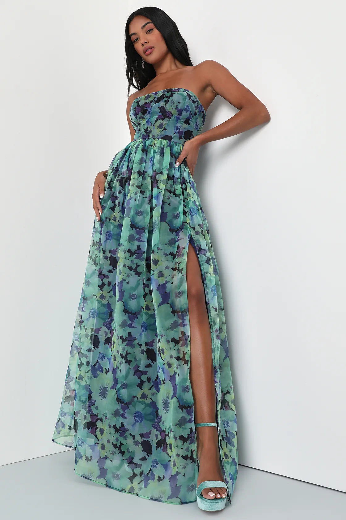 Wonderful Waltz Green Floral Print Strapless Bustier Maxi Dress