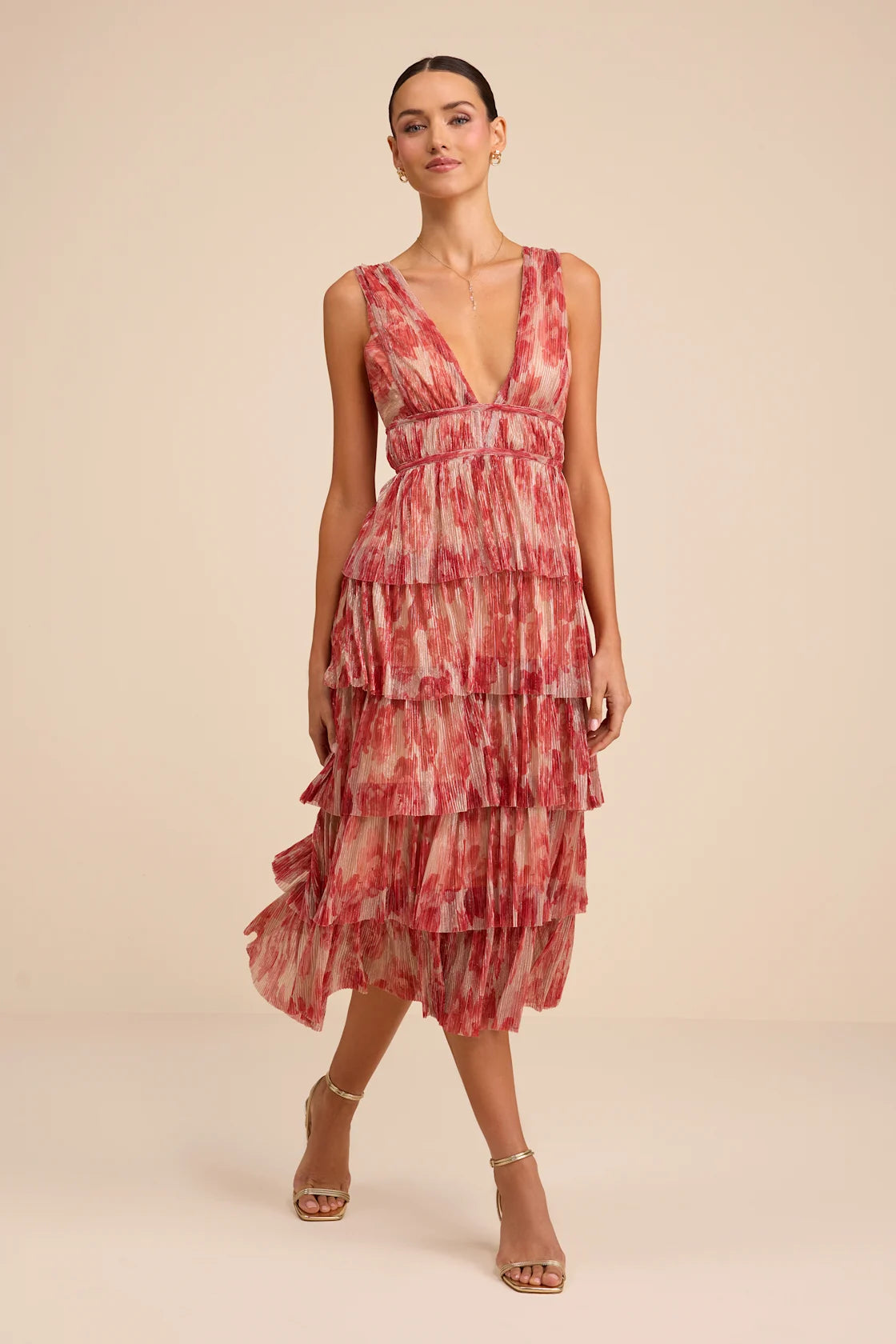 Valentia Magenta Plisse Sleeveless Tiered Midi Dress