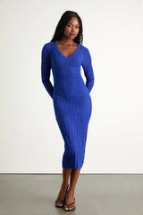 High Appeal Royal Blue Textured V-Neck Midi Sweater Dress