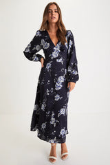 Beautiful Details Navy Blue Floral Long Sleeve Midi Dress
