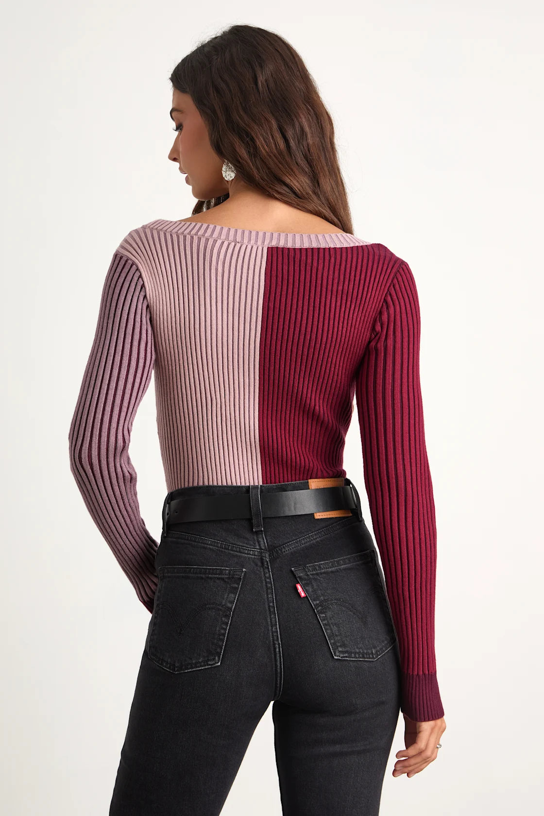 Mod Cutie Burgundy Color Block Ribbed Long Sleeve Bodysuit