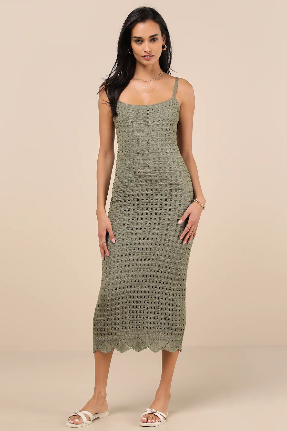 Ventura Vision Olive Green Crochet Lace-Up Midi Dress