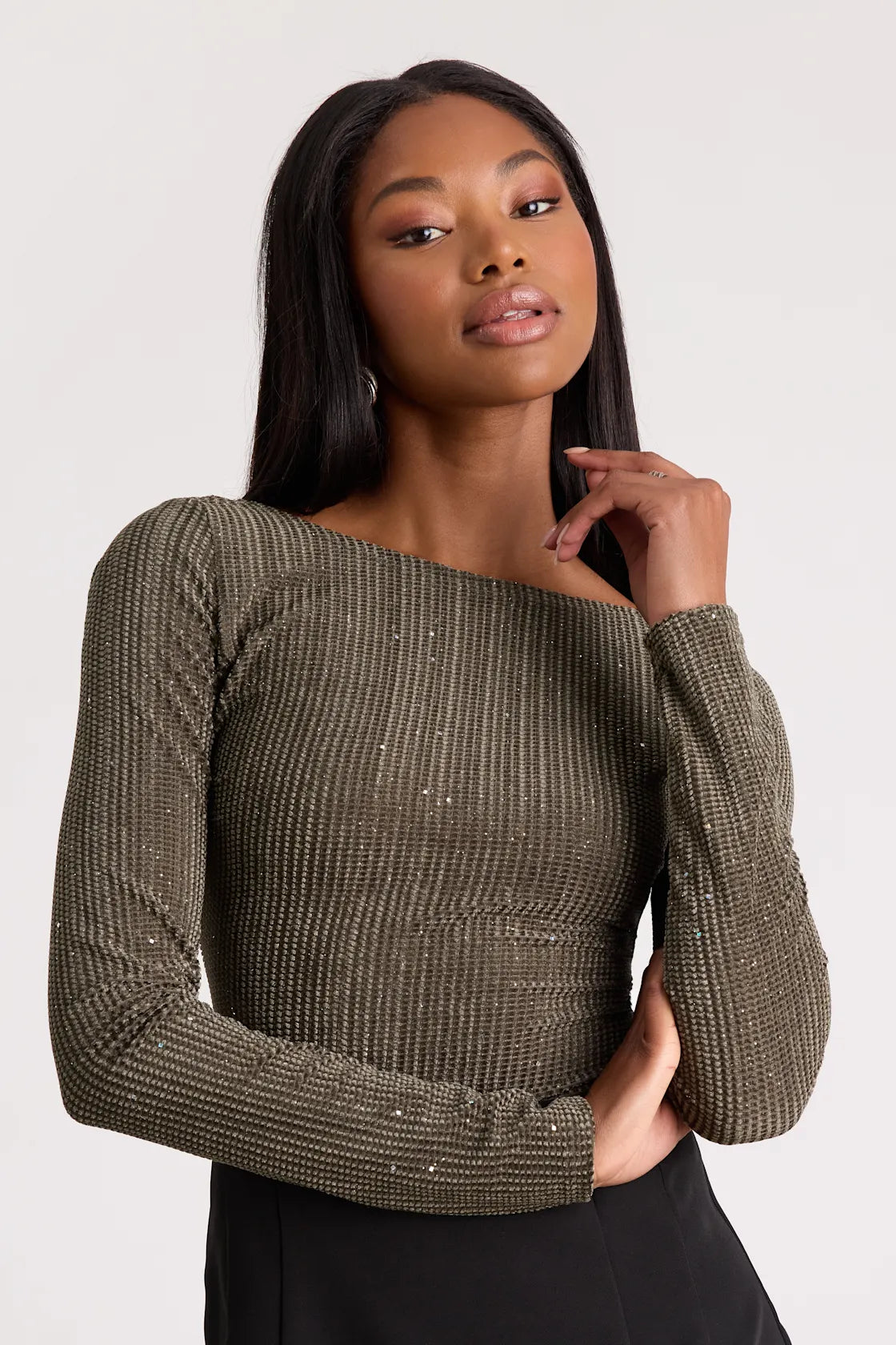 Gina Olive Green Shiny Velvet Long Sleeve Top