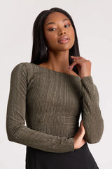 Gina Olive Green Shiny Velvet Long Sleeve Top