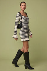 Cozy Outlook Ivory Fuzzy Striped Long Sleeve Sweater Mini Dress