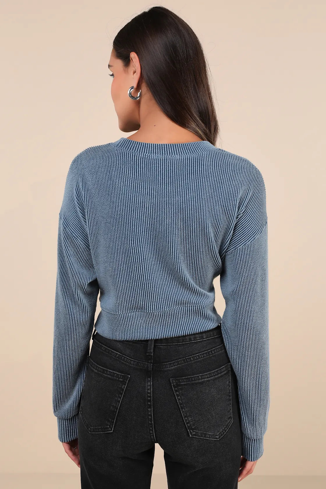 Relaxed Attitude Olive Textured Ribbed Long Sleeve Crop Top