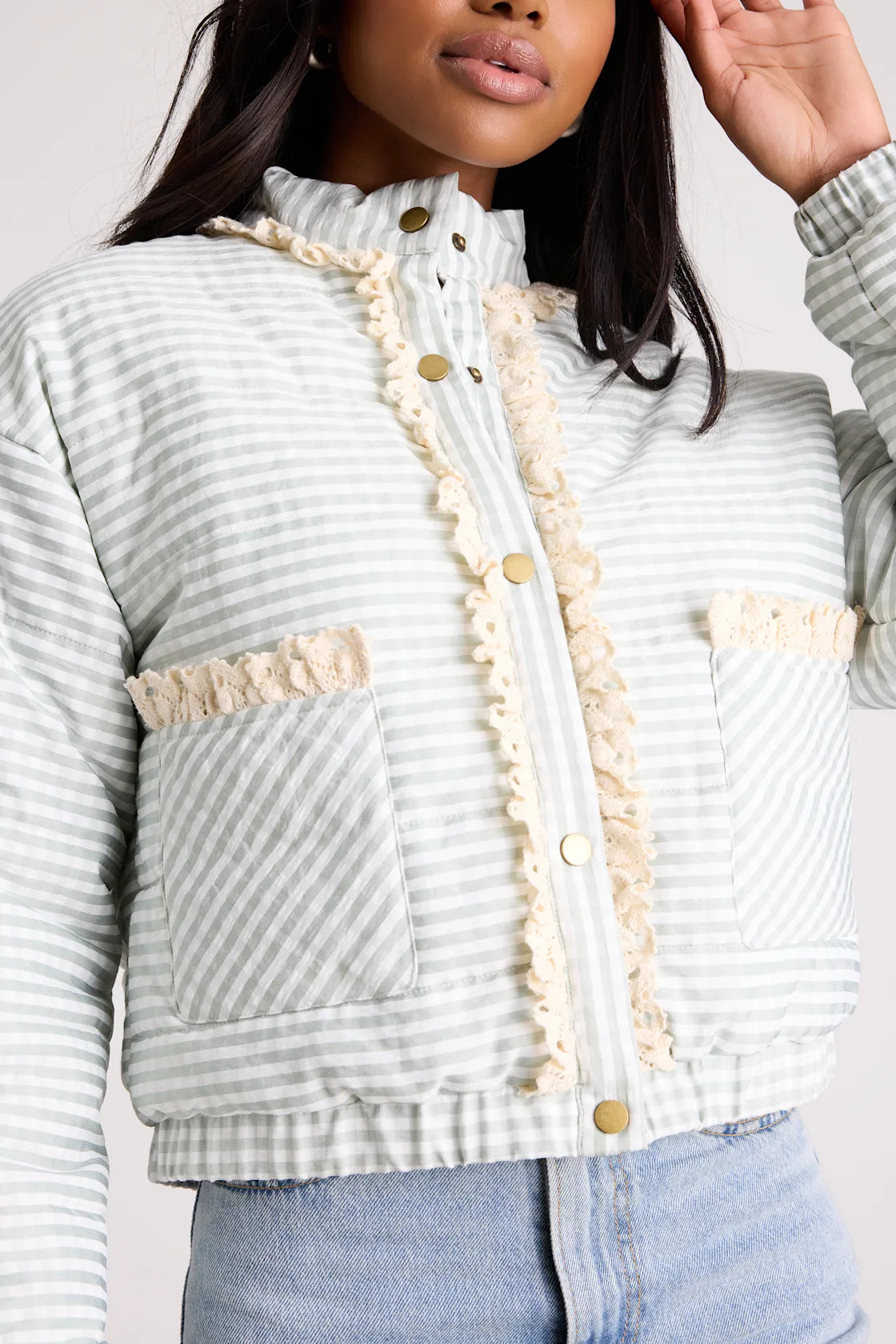 Tamara Sage Gingham Ruffled Lace Puffer Jacket