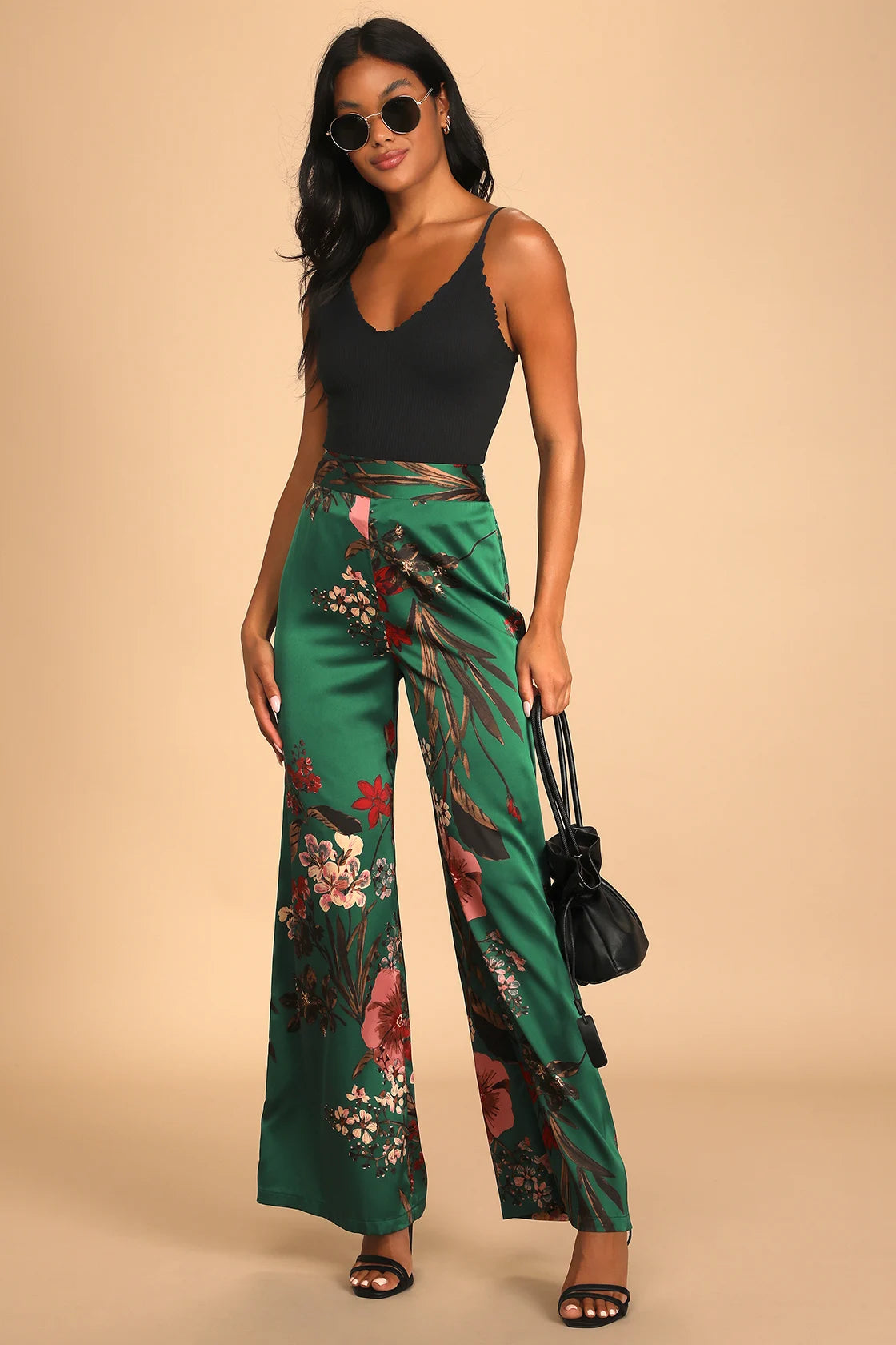 Thriving Vibes Fuchsia Floral Print Satin Wide-Leg Pants