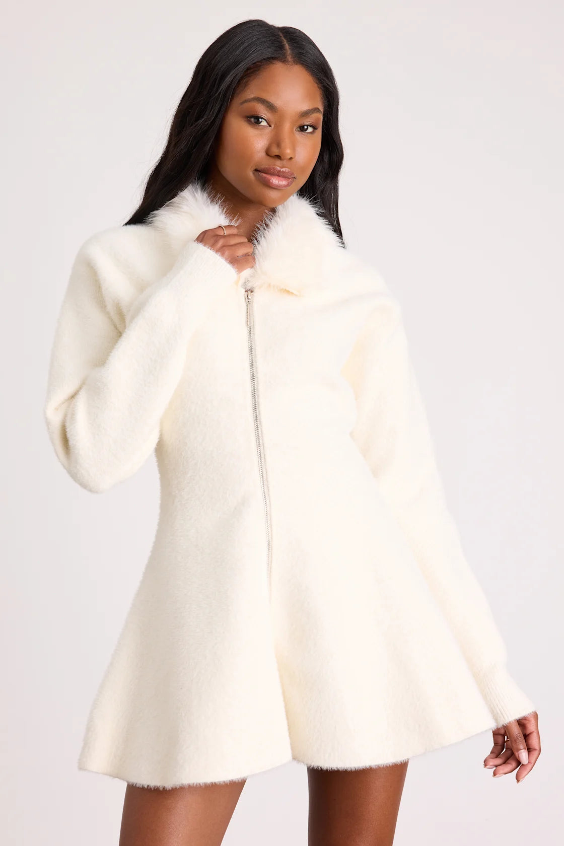 Violetta Ivory Collared Zip-Front Sweater Mini Dress