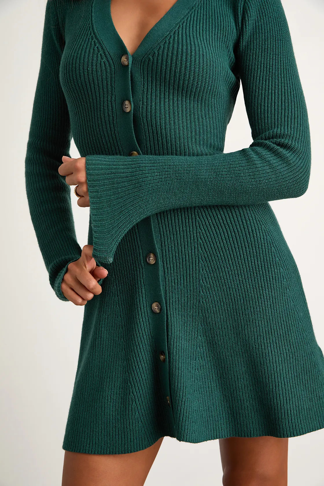 Adorably Flirty Emerald Button-Front Sweater Mini Dress