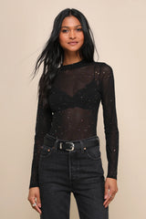 Strike an Attitude Black Mesh Multi Embellished Mesh Bodysuit