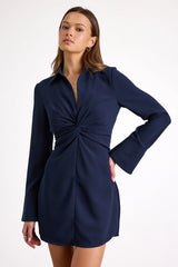 Lestina Navy Collared Twist-Front Mini Dress