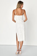 Alluring Interest White Sequin Embroidered Sleeveless Midi Dress