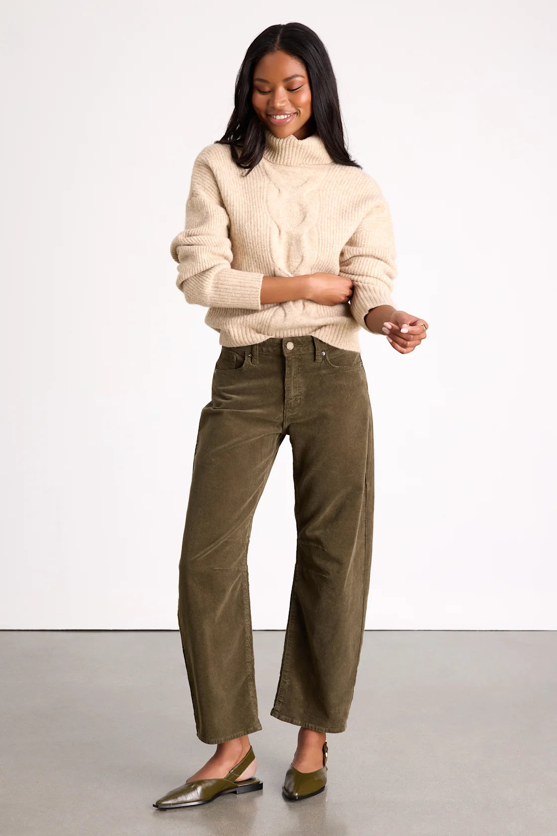 Darian Dark Olive Corduroy Low-Rise Barrel Pants