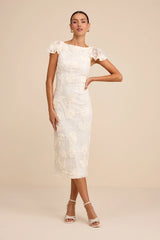 Kenna Ivory Lace Flutter Sleeve Midi Dress