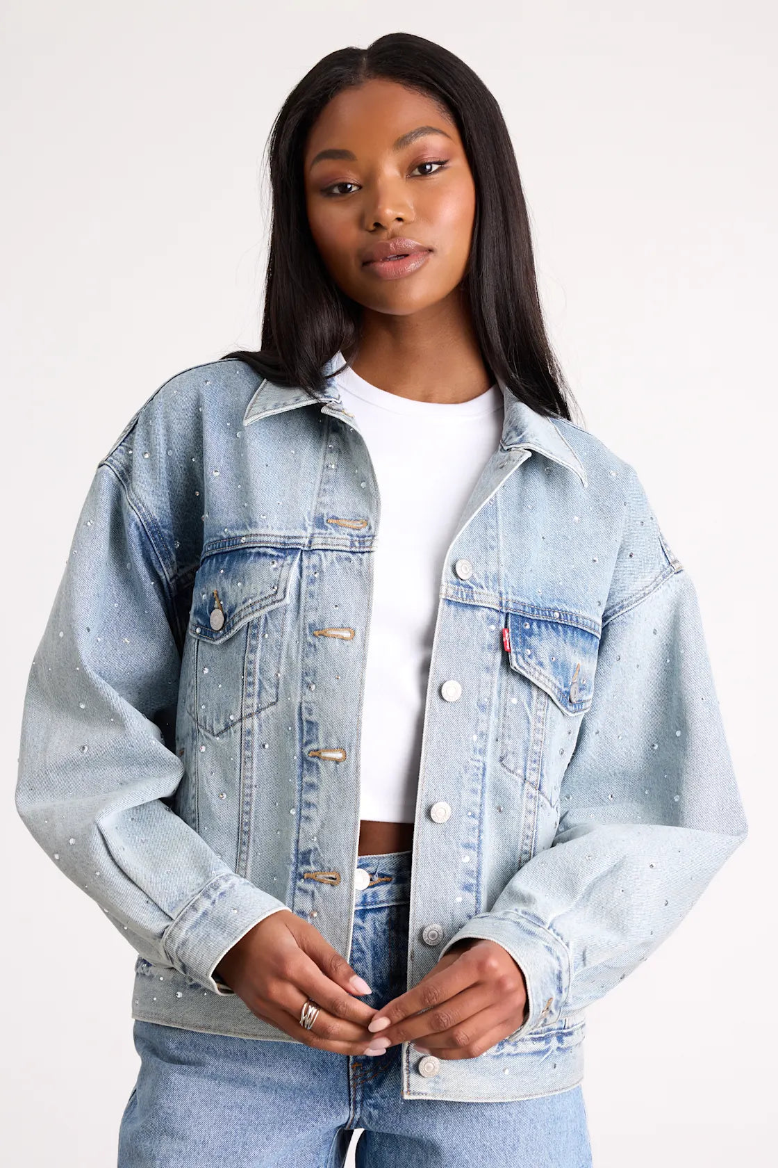 90s Trucker Light Wash Rhinestone Denim Jacket