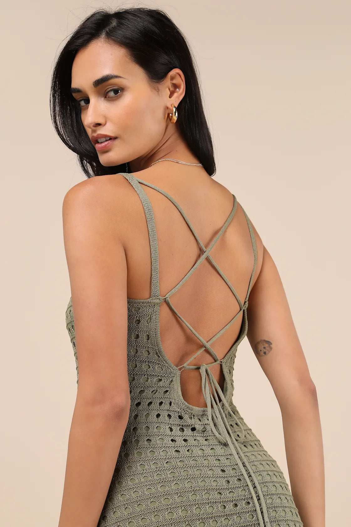 Ventura Vision Olive Green Crochet Lace-Up Midi Dress