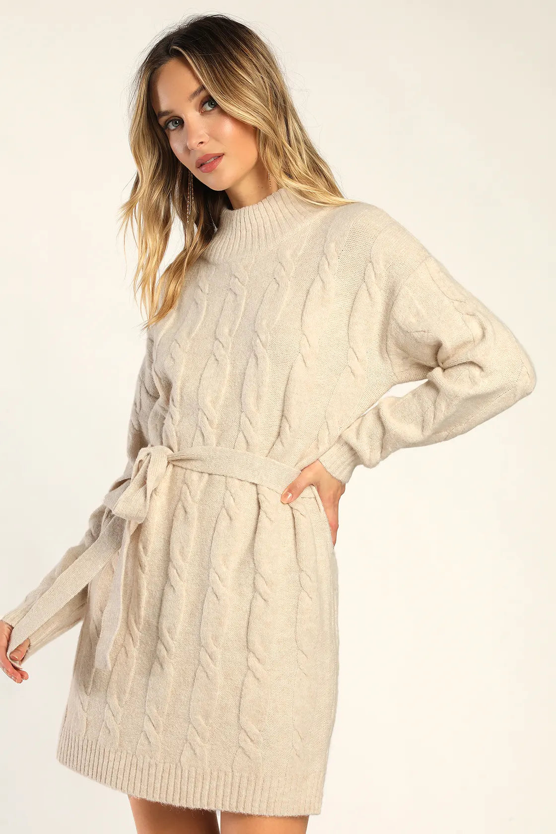Warmed Up To You Cream Cable Knit Mock Neck Sweater Dress