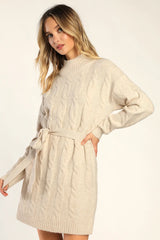 Warmed Up To You Cream Cable Knit Mock Neck Sweater Dress