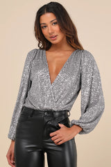Evening of Wonder Grey Sequin Long Sleeve Bodysuit