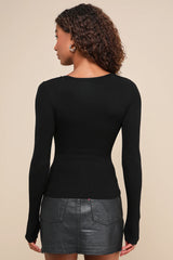 Flirty Little Secret Black Ribbed Cutout Long Sleeve Top