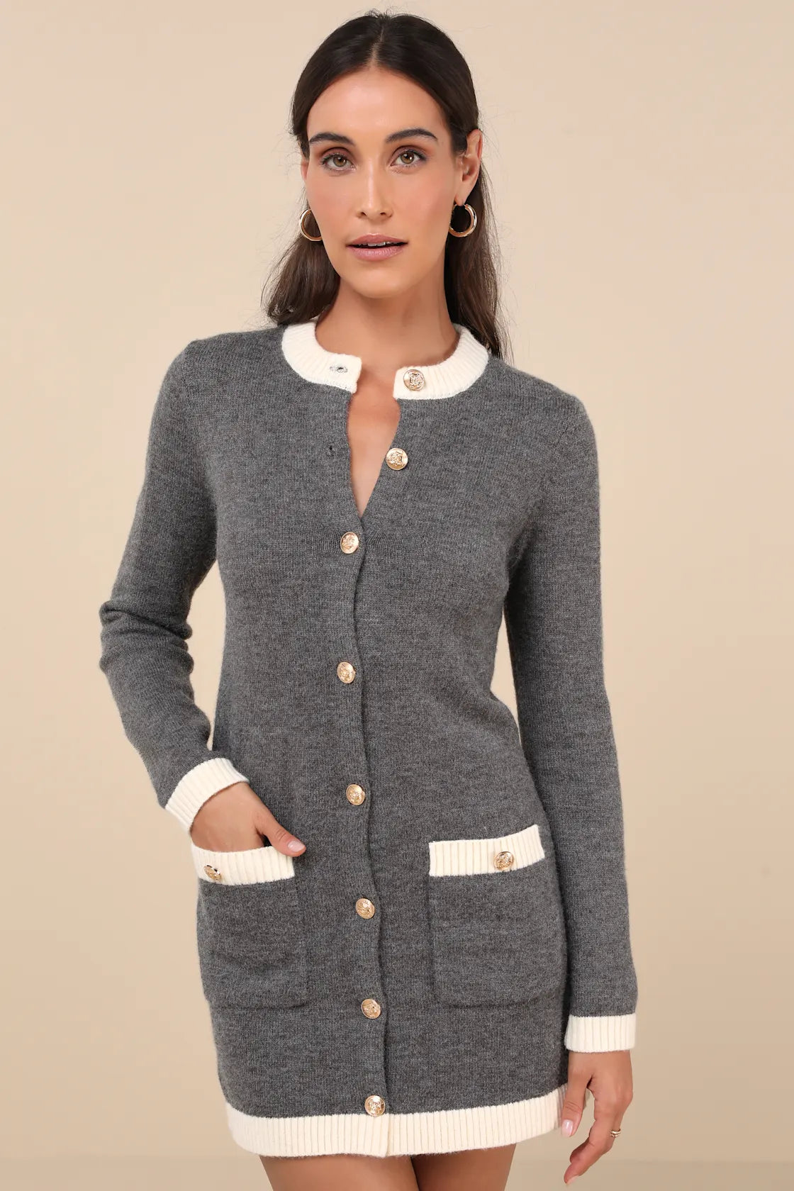 Sophisticatedly Cozy Grey and Ivory Button-Up Sweater Mini Dress