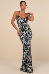 Glittering Icon Magenta Iridescent Sequin Lace-Up Maxi Dress