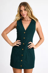 Kala Dark Green Corduroy Button-Front Mini Dress