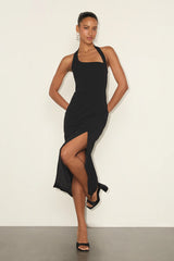 Intriguing Luxury Black Asymmetrical Halter Midi Dress
