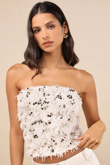 Dazzling Sense Beige and Gold Sequin Fringe Strapless Crop Top