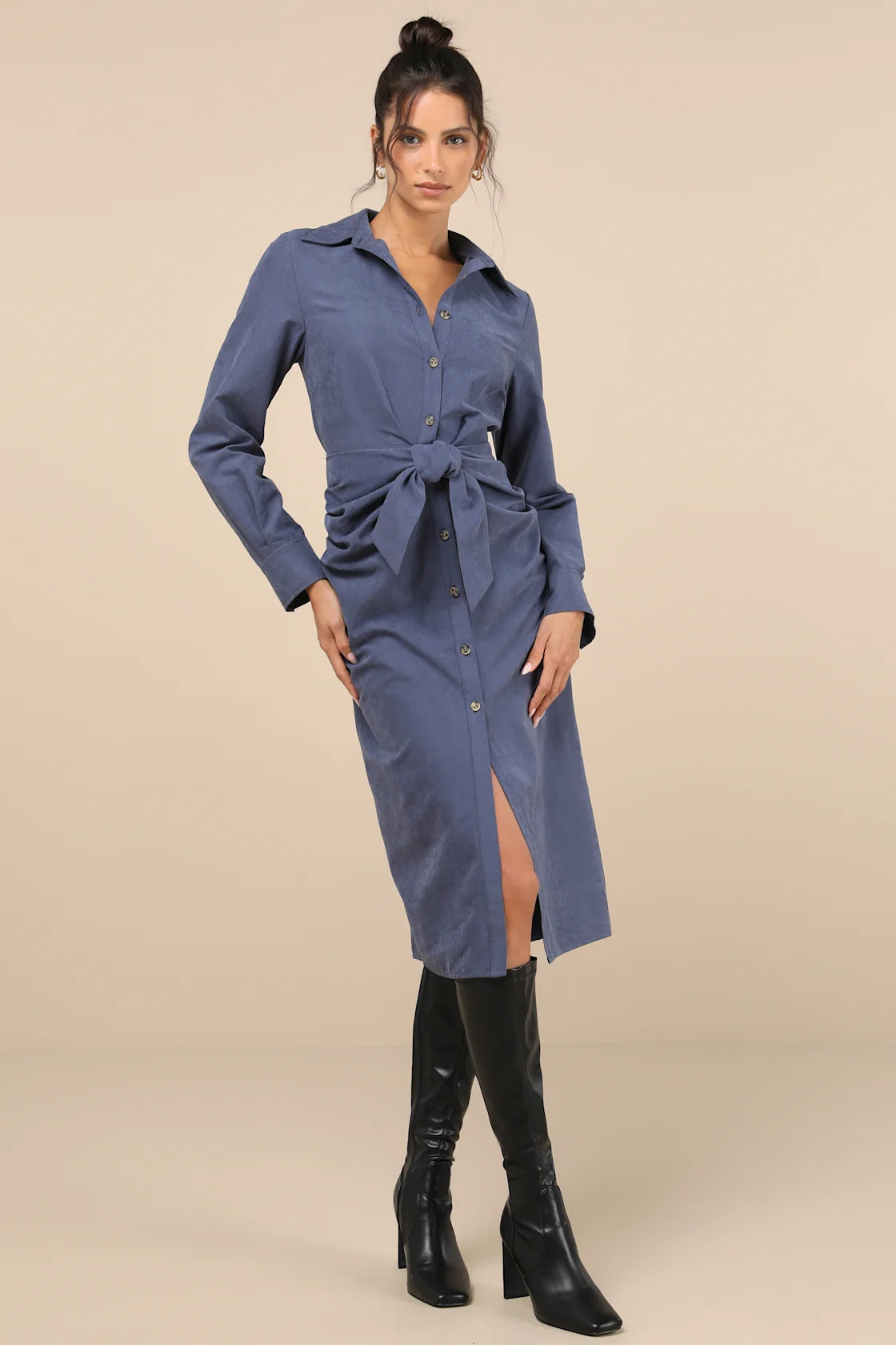 Autumnal Views Tan Suede Button-Up Tie-Front Midi Dress