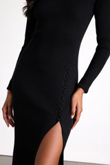 Refined Attitude Cream Ribbed Side Button Midi Sweater Dress